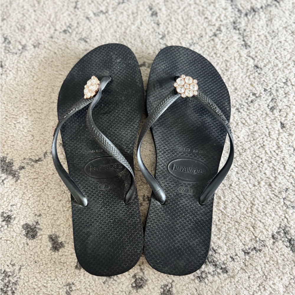 Havaianas Women's Black Flip Flops with Gold Rhinestone Flower